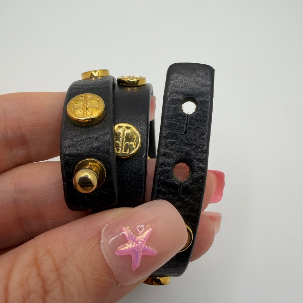 Tory Burch black leather and gold tone studded double wrap bracelet! - Picture 4 of 11
